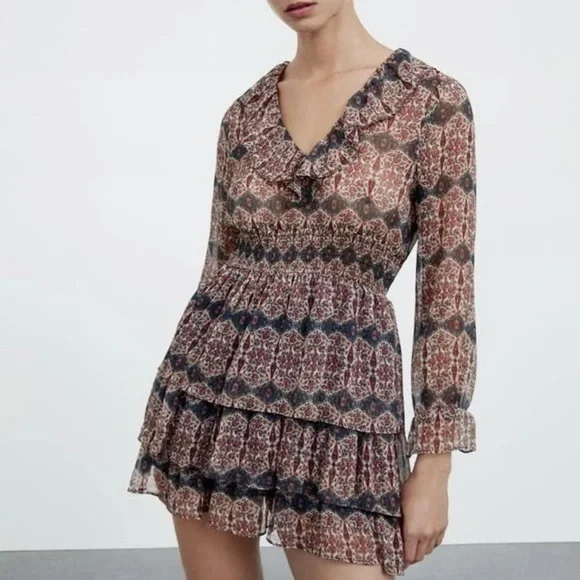 Zara V Neck Ruffle Trim Mini Dress Rust Geo Paisley Boho Cottagecore Sz S - Picture 3 of 14